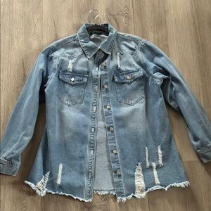 Distressed Denim long button up Jacket shirt #D016